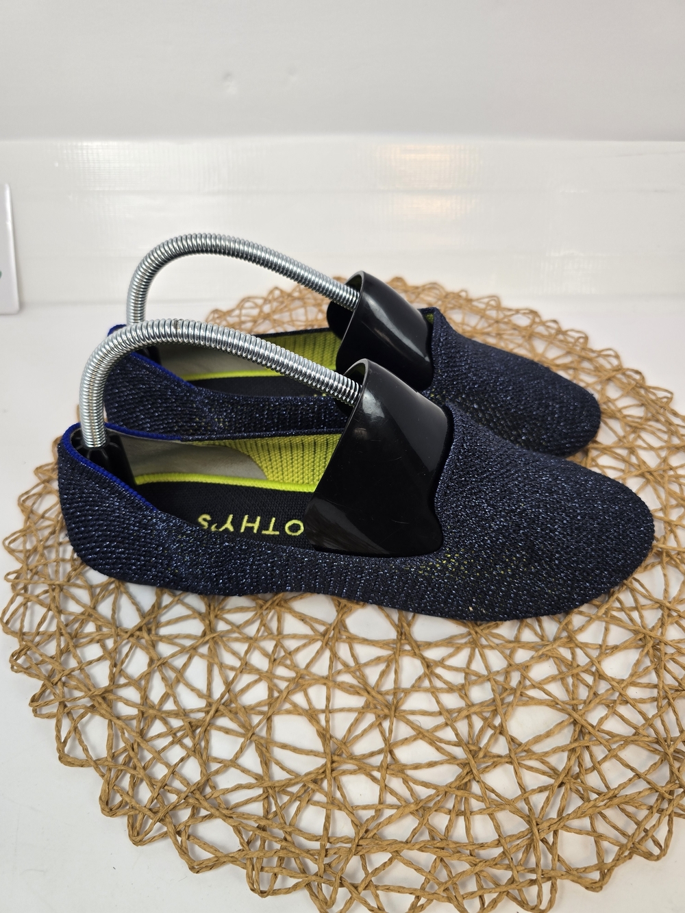 Rothy’s Metallic Lattice Stitch Loafer Navy Blue Neon Yellow Limited Edition 9.5